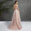 Women's Lace Applique Prom Dresses Backless Adjustable Strap Elegant Evening Gown