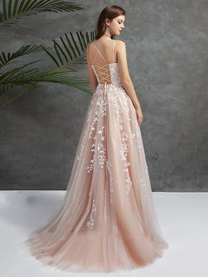 Women's Lace Applique Prom Dresses Backless Adjustable Strap Elegant Evening Gown