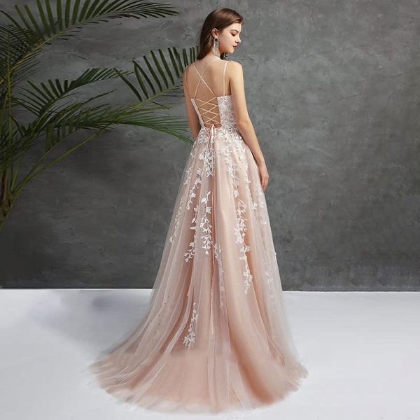 Women's Lace Applique Prom Dresses Backless Adjustable Strap Elegant Evening Gown
