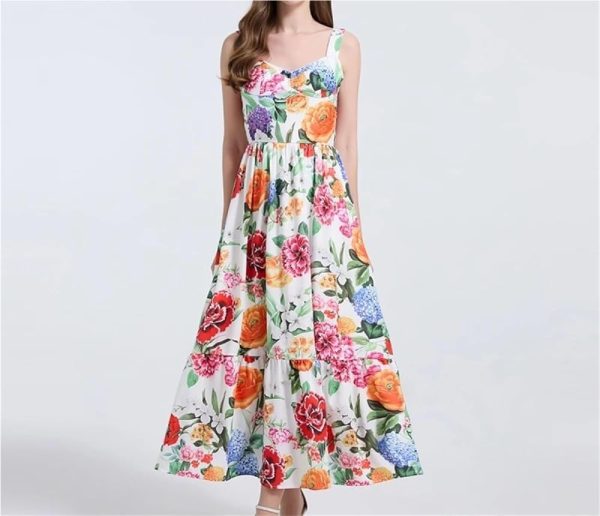 Floral Print Beach Spaghetti Strap Corset Summer Maxi DressWomen Backless Sundress Slim Fit Elegant Casual Skirt Dress