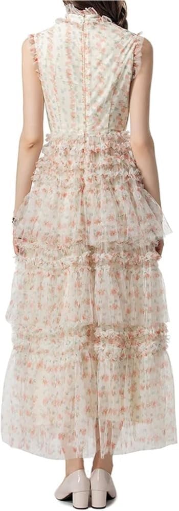 Women's Bohemian Casual Floral Print Dress Cascading Ruffle Net Yarn Sleeveless Summer Beach Dresses