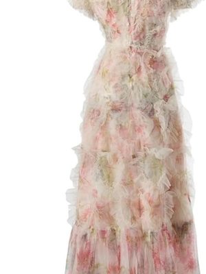 Women's Bohemian Floral Print Beach Dress Ruffle Net Yarn Flutter Cascading Wedding Guest Maxi Dresses