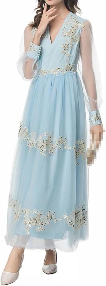 Women's Vintage Floral Embroidery Sequins Net Yarn Dress Flowy Maxi Party Evening Dresses