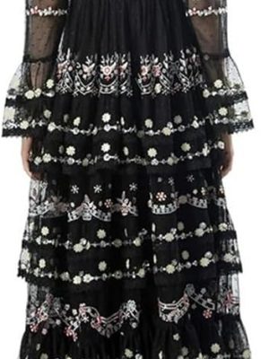 Women's Bohemian Floral Embroidery Maxi Dress Sequins Net Yarn Cascading Ruffle Wedding Guest Dresses