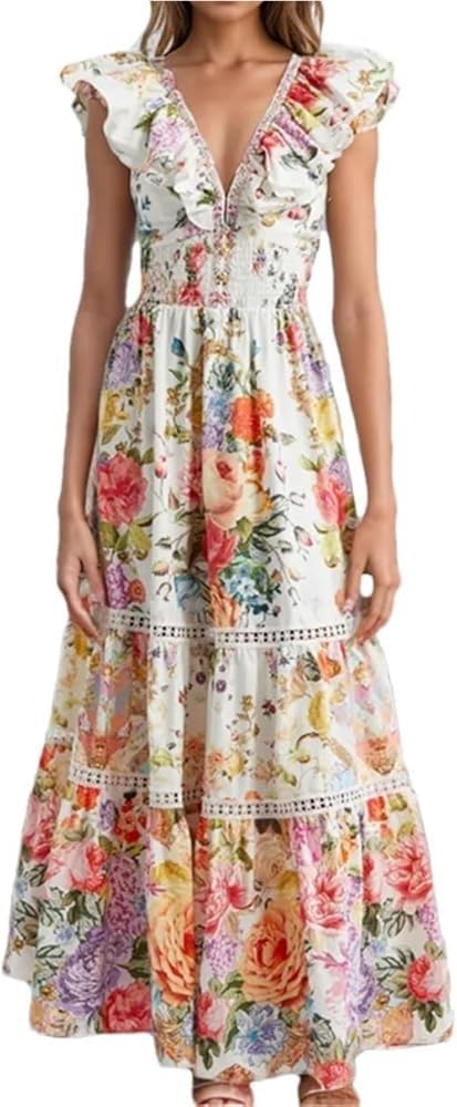 Women's Patchwork V-Neck Floral Print Dress Spliced Ruffles Short Sleeve High Waist Lace-Up Maxi Dresses