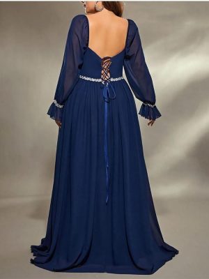 Women's Plus Size Elegant Maxi Dress for Formal Event Sequined Ribbon Pleated Chiffon Party Dress