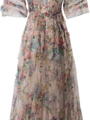 Women's Bohemian Floral Print Summer Beach Wedding Guest Party Dress Cascading Ruffle Net Yarn Maxi Dresses