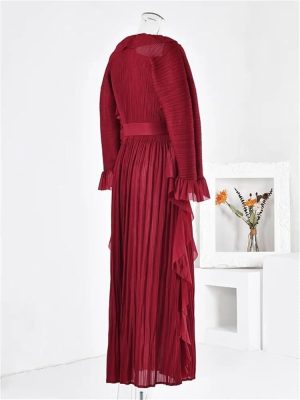 Women's Party Dress Maxi Ruffles Pleated Round Neck Flare Sleeves Solid Lace Up Dress