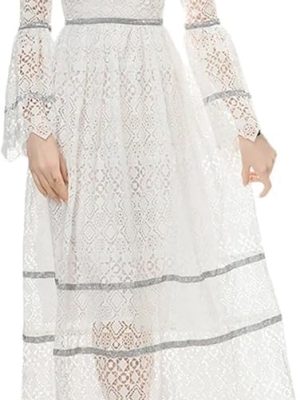 Womens White Lace Maxi Dress Long Sleeve Boho V Neck Flare Sleeve Vintage A Line Dress for Wedding Party Beach