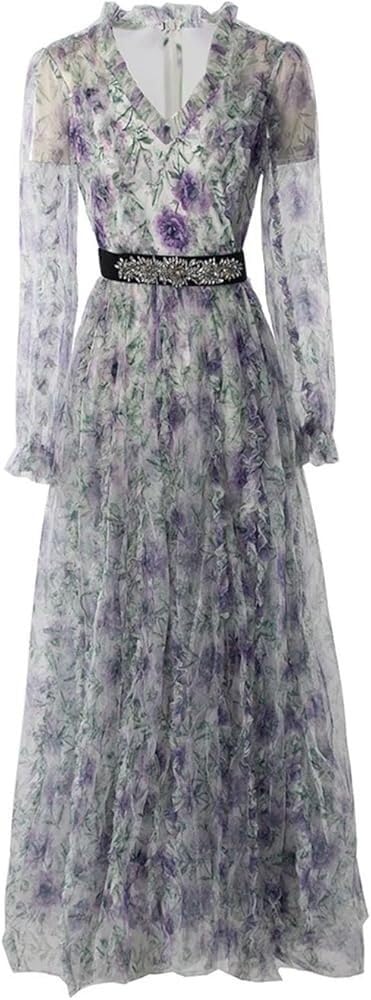 Women's Bohemian Dress Floral Print Net Yarn Ruffles Nail Bead Maxi Casual Party Dress