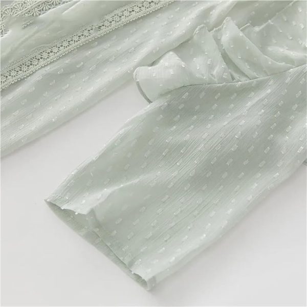 Women's Bohemian Chiffon Long Dress Stand Collar Belt Hollow Lace Ruffle Patchwork Maxi Dresses