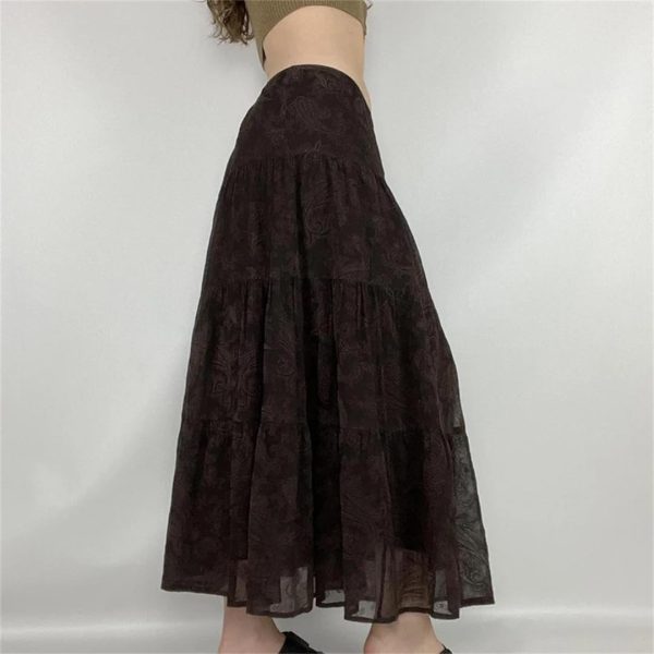 Women Mesh A-Line Long Skirt Vintage Y2K High Waist Loose Elegant Fairy Maxi Skirts