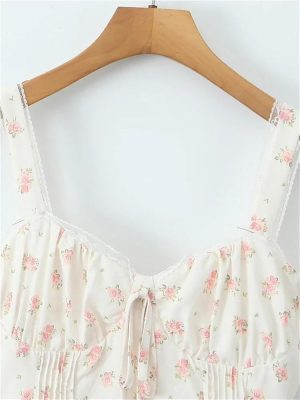 Floral Print Lace Patchwork Mini Dress Women Slim Fit Backless Short Summer Skirt for Casual Party Outfits