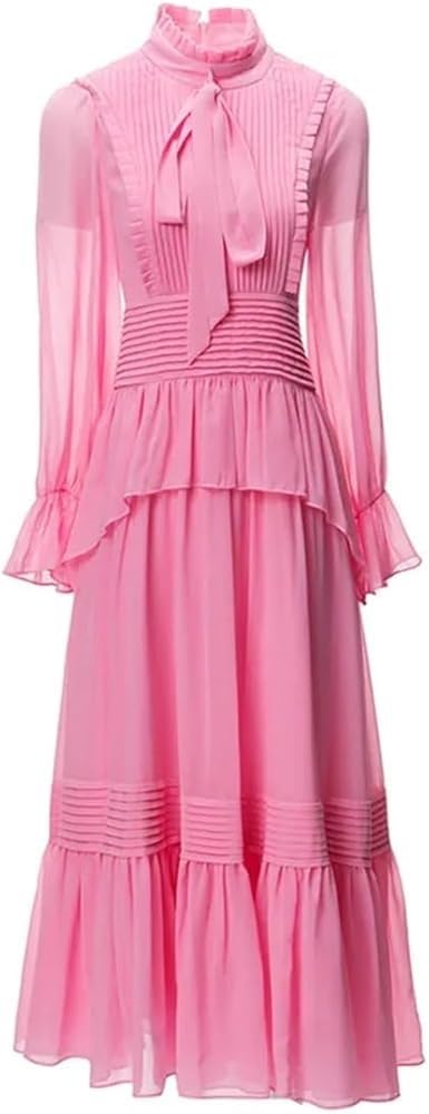 Women's Bohemian Stand Collar Dress Long Sleeve Ruffled Holiday Party Maxi Evening Dresses