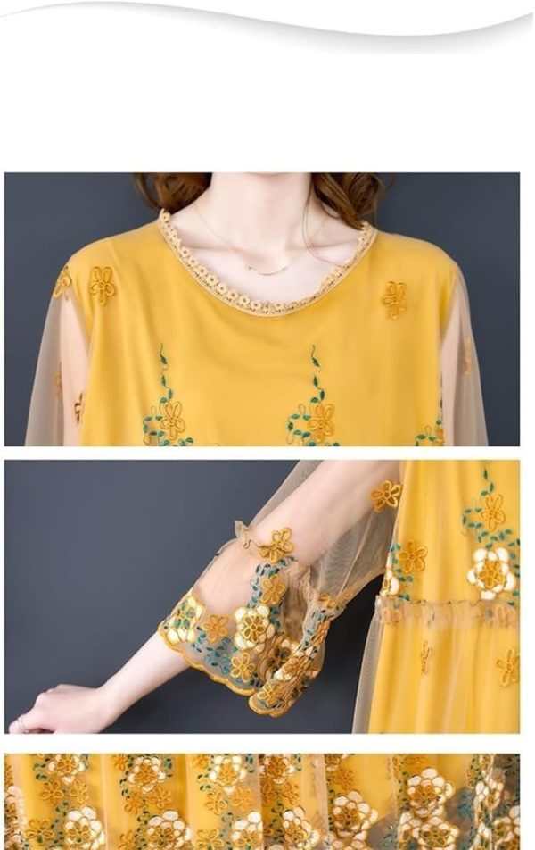 Floral Embroidery Midi Dress Women Natural Silk Summer Light Beach Plus Size Elegant Boho Vacation Maxi Vestidos