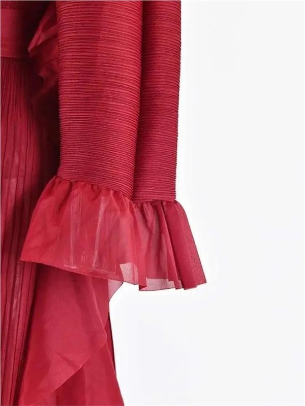 Women's Party Dress Maxi Ruffles Pleated Round Neck Flare Sleeves Solid Lace Up Dress