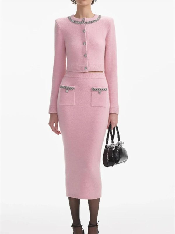Women's Slimming Spliced Button Skirt Set - Round Neck Sleeve Top & High Waist Skirt Set