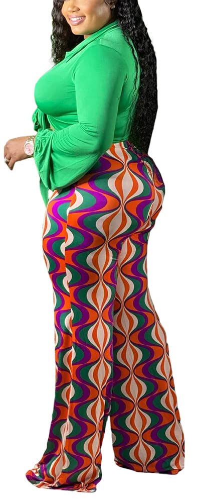 2 Piece Outfits for Women Sexy V Neck Print Shirts Tie Knot Batwing Blouses Crop Top Wide Leg Pants Set