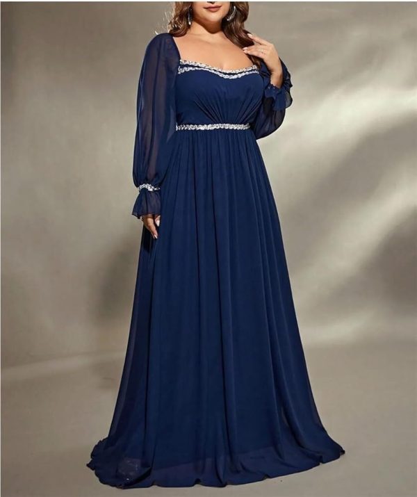 Women's Plus Size Elegant Maxi Dress for Formal Event Sequined Ribbon Pleated Chiffon Party Dress