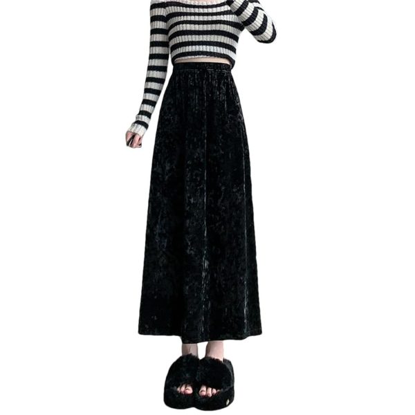 Womens Fleece A-Line Long Skirts Elegant Solid Color High Waist Mid Length Skirts