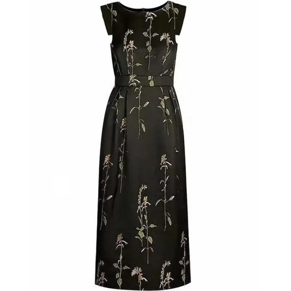 Women Spring Summer O-Neck Sleeveless Embroidery Commuter Office Pretty Slim Dress