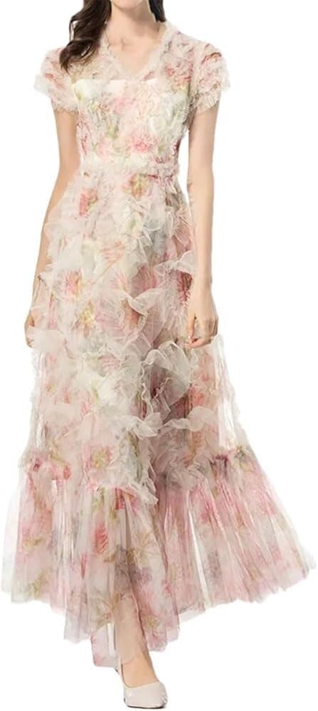 Women's Bohemian Floral Print Beach Dress Ruffle Net Yarn Flutter Cascading Wedding Guest Maxi Dresses