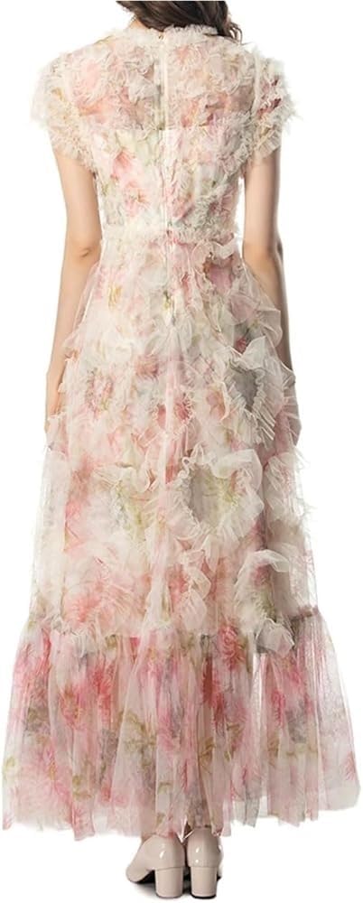 Women's Bohemian Floral Beach Dress Ruffle Net Yarn Flutter Sleeve Cascading Maxi Vacation Dresses