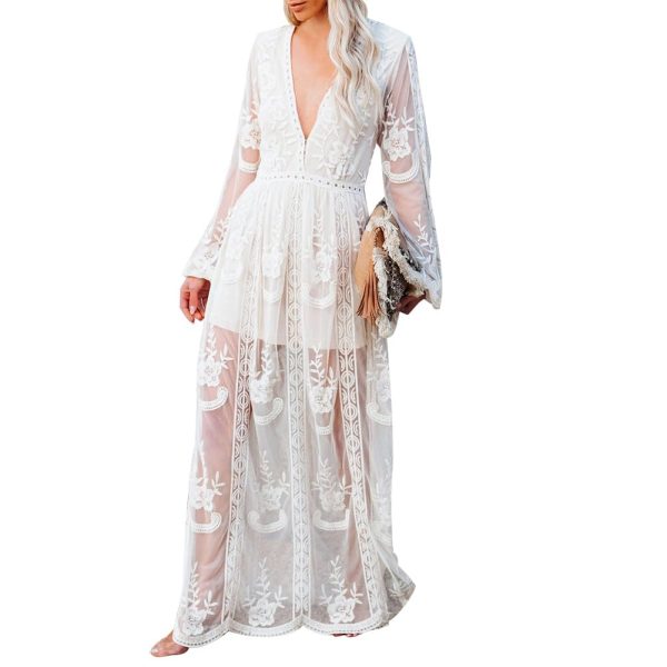 Womens Boho Beach V Neck Floral Embroidered Lace Wedding Maxi Dress Bridesmaid Evening Party Dresses