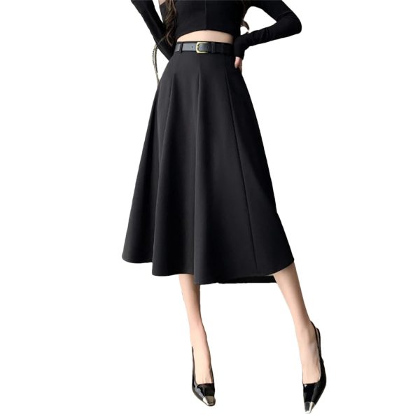 Women's Elegant Office OL Loose A-Line Skirt with Belt Big Swing Midi Skirts