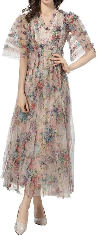 Women's Bohemian Floral Print Summer Beach Wedding Guest Party Dress Cascading Ruffle Net Yarn Maxi Dresses