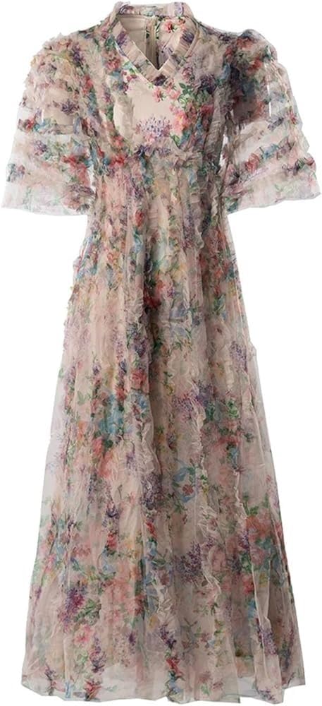 Women's Bohemian Floral Print Summer Beach Wedding Guest Party Dress Cascading Ruffle Net Yarn Maxi Dresses