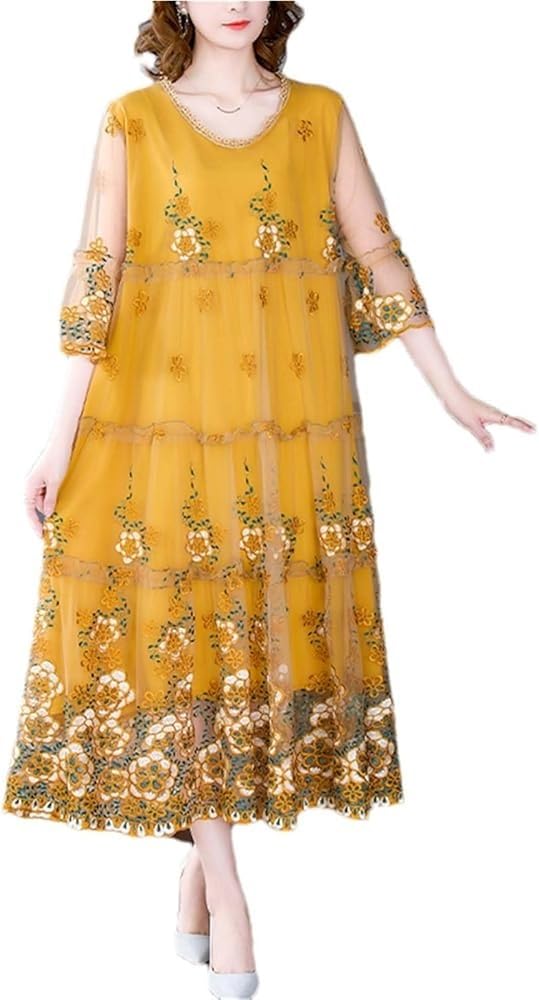 Floral Embroidery Midi Dress Women Natural Silk Summer Light Beach Plus Size Elegant Boho Vacation Maxi Vestidos