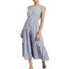 Bohemian V Neck Maxi Dress Sleeveless Summer Striped Slim Fit Elegant French Style Office Long Dress