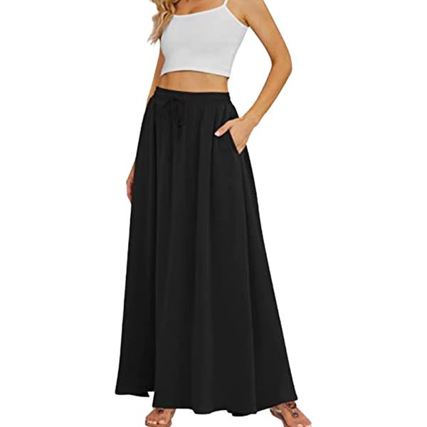 Women Floral Print Long Skirts Bohemian Style Holiday Elastic Waist Drawstring Large Swing A-Line Skirt