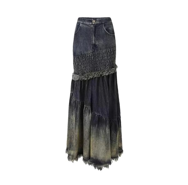 Women High Waist Spliced Button Streetwear Long Skirts Patchwork Tassel Elegant Denim Skirts