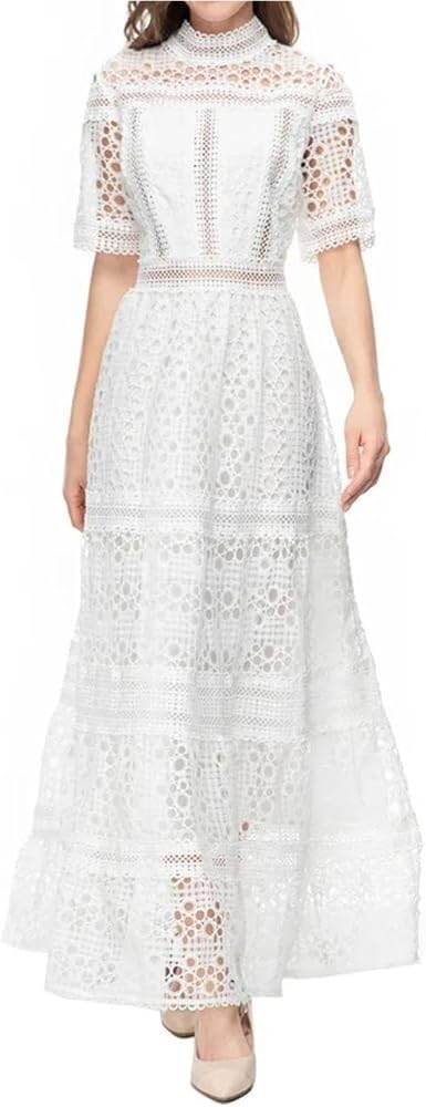 Women's Solid Vintage Hollow Out Embroidery Dress Casual Flowy Summer Vacation Party Maxi Dresses