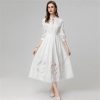 Women Stand-Up Collar Lantern Three Sleeved Lace-Up Mesh Hollow Out Fringed Bohemian Dress