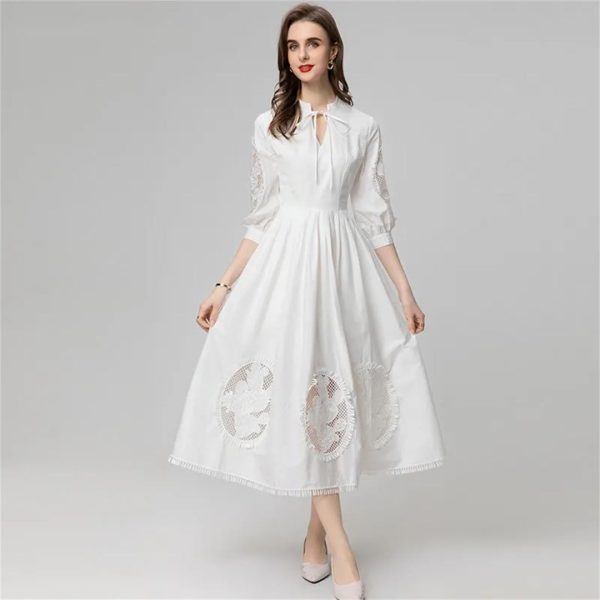 Women Stand-Up Collar Lantern Three Sleeved Lace-Up Mesh Hollow Out Fringed Bohemian Dress