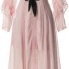 Women's Bohemian Chiffon Long Dress Stand Collar Belt Hollow Lace Ruffle Patchwork Maxi Dresses