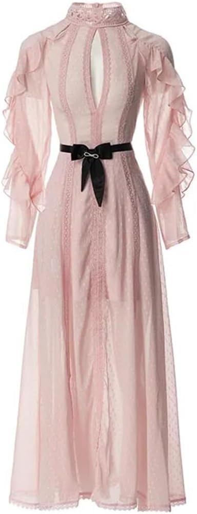 Women's Bohemian Chiffon Long Dress Stand Collar Belt Hollow Lace Ruffle Patchwork Maxi Dresses