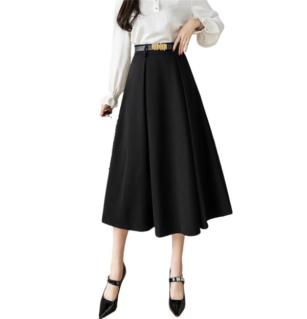 Women's A-Line Skirt with Belt High Waist Loose Office OL Big Swing Midi Skirts