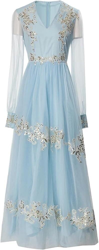Women's Vintage Floral Embroidery Sequins Net Yarn Dress Flowy Maxi Party Evening Dresses