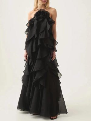 Women Sexy Spliced Ruffles Backless Loose Strapless Sleeveless Patchwork Flowers Long Dress