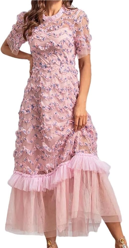 Bohemian Short Sleeve Round Neck Women’s Long Skirt Floral Print Ruffle Net Yarn Dress Casual Summer Elegant Party Dresses