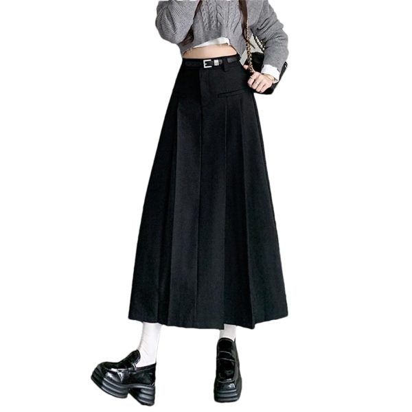 Women's Vintage Pleated Suit Long Skirts High Waist Mid Length Workwear Office Skirts