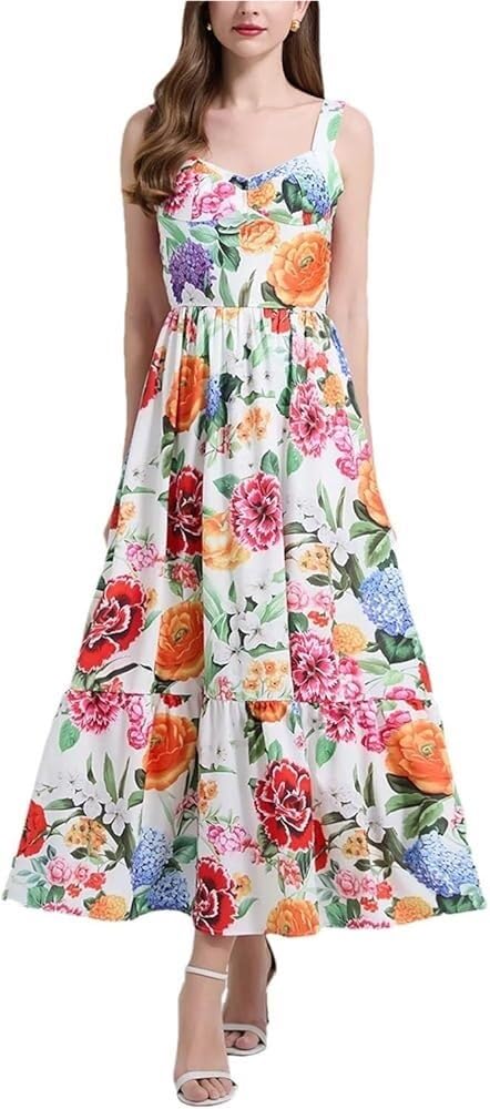 Floral Print Beach Spaghetti Strap Corset Summer Maxi DressWomen Backless Sundress Slim Fit Elegant Casual Skirt Dress