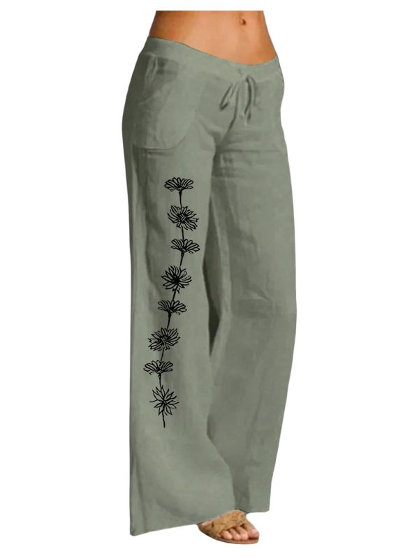 Women's Drawstring Drop Waist Floral Pants Straight Leg Linen Casual Trousers