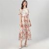 Women Summer Flare Sleeved Slim Waist Edible Tree Fungus Edge Elegant Print Bohemian Holiday Dress