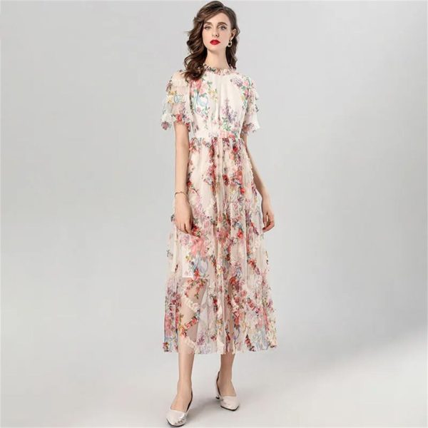 Women Summer Flare Sleeved Slim Waist Edible Tree Fungus Edge Elegant Print Bohemian Holiday Dress
