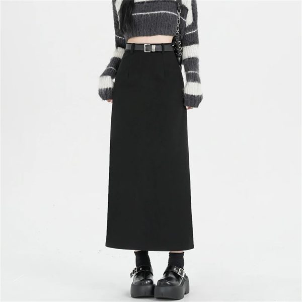 Women High Waist Straight Long Pencil Vintage Woolen Midi Skirts